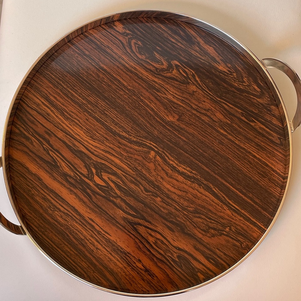 Round Wooden serving trail with silver handles